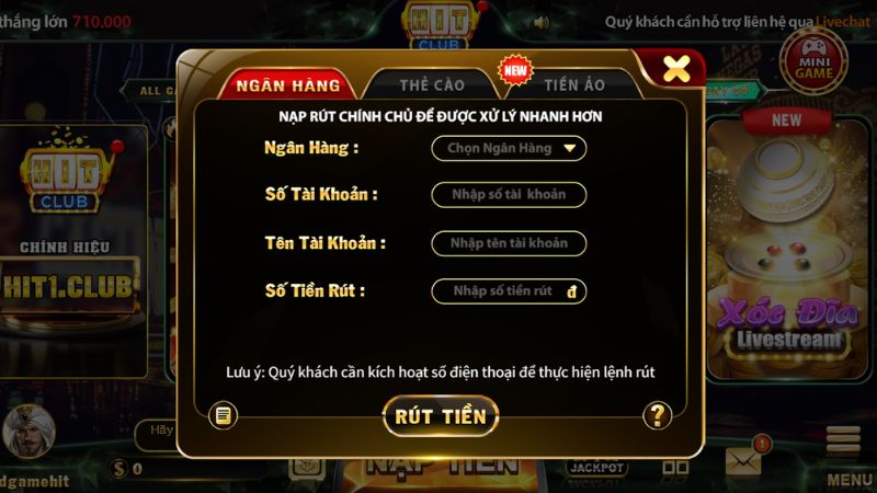 Rút tiền cá cược Hitclub qua ngân hàng